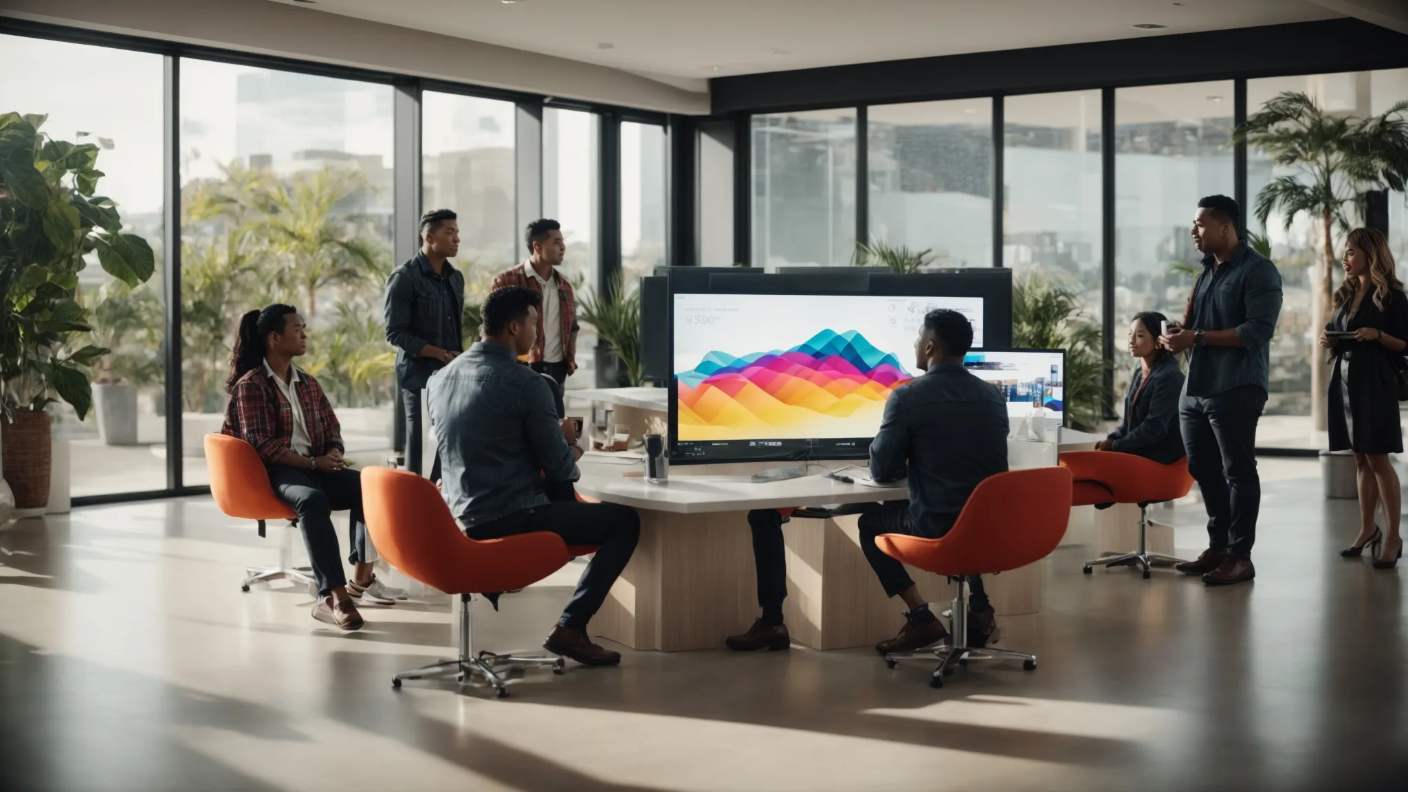 a group of people gathered around a digital screen showcasing vibrant, interactive visual content in a modern san diego office.