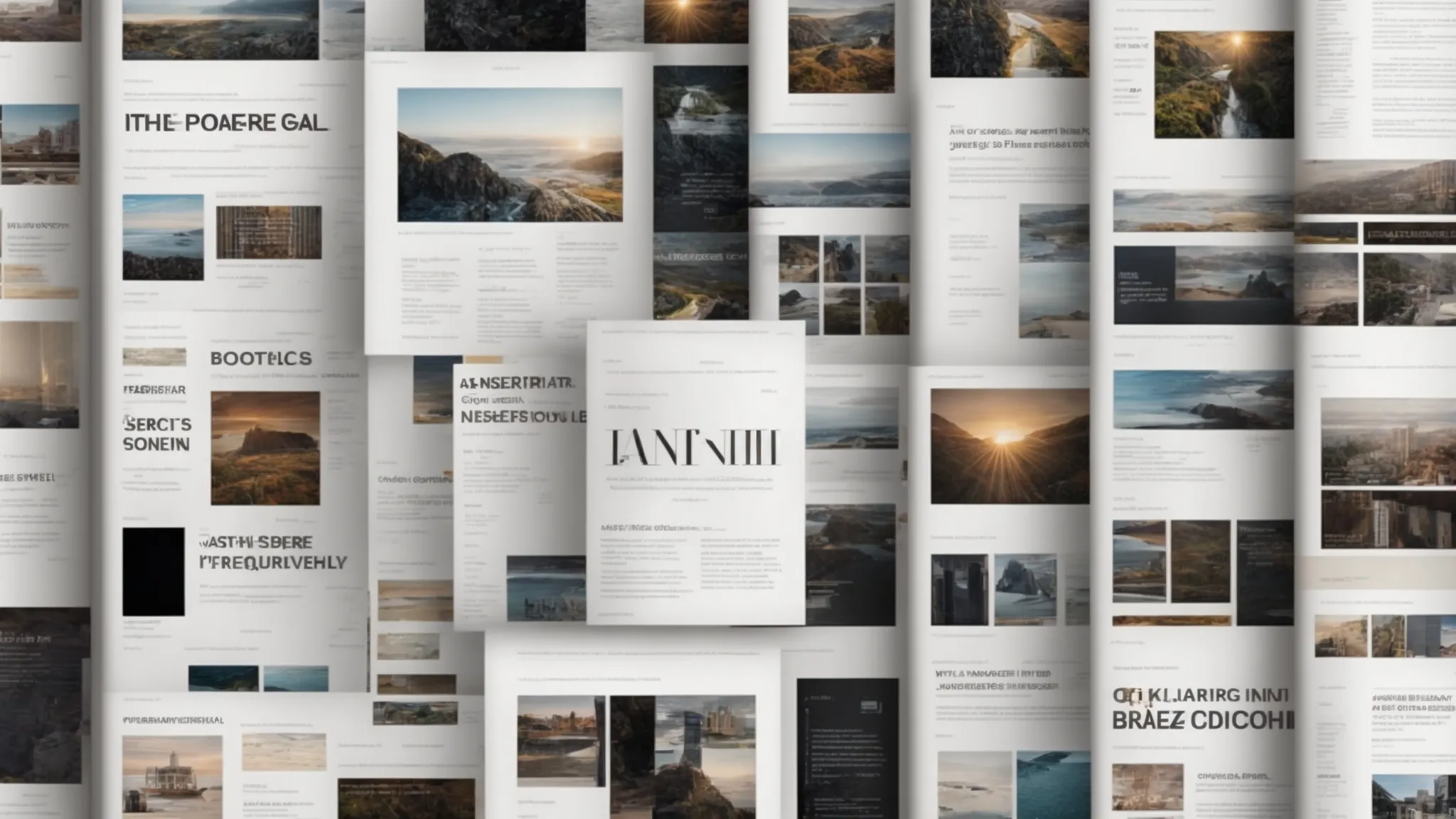 a screen filled with diverse website pages showcasing articles, products, and blogs, each with clearly labeled sections.