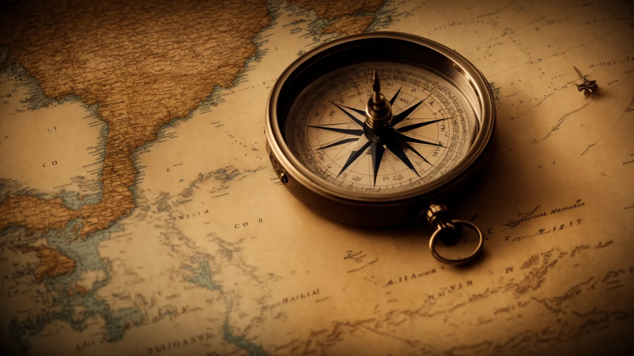 a compass resting on an ancient map with the sea and ships in the background.