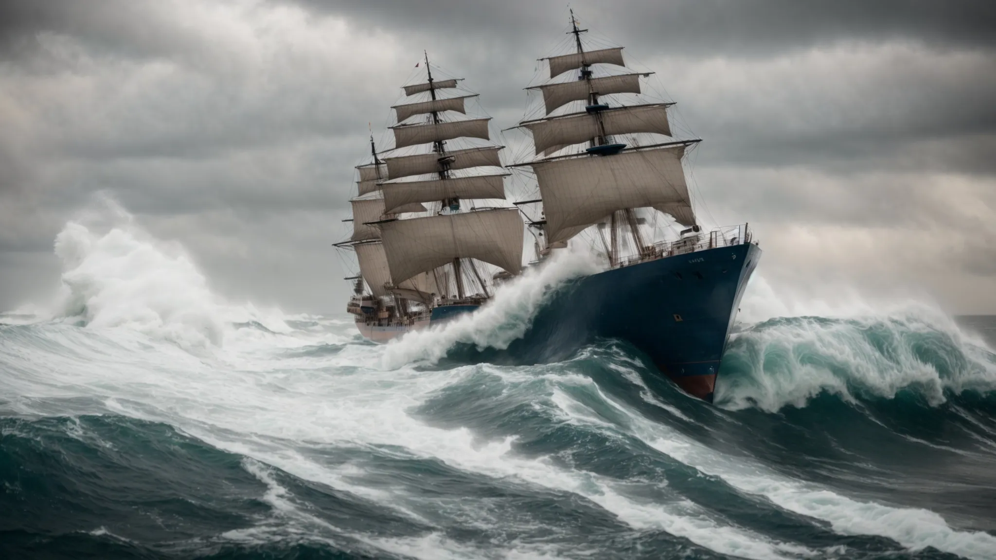 a ship expertly navigates through towering waves, untouched by the turbulent sea around it.