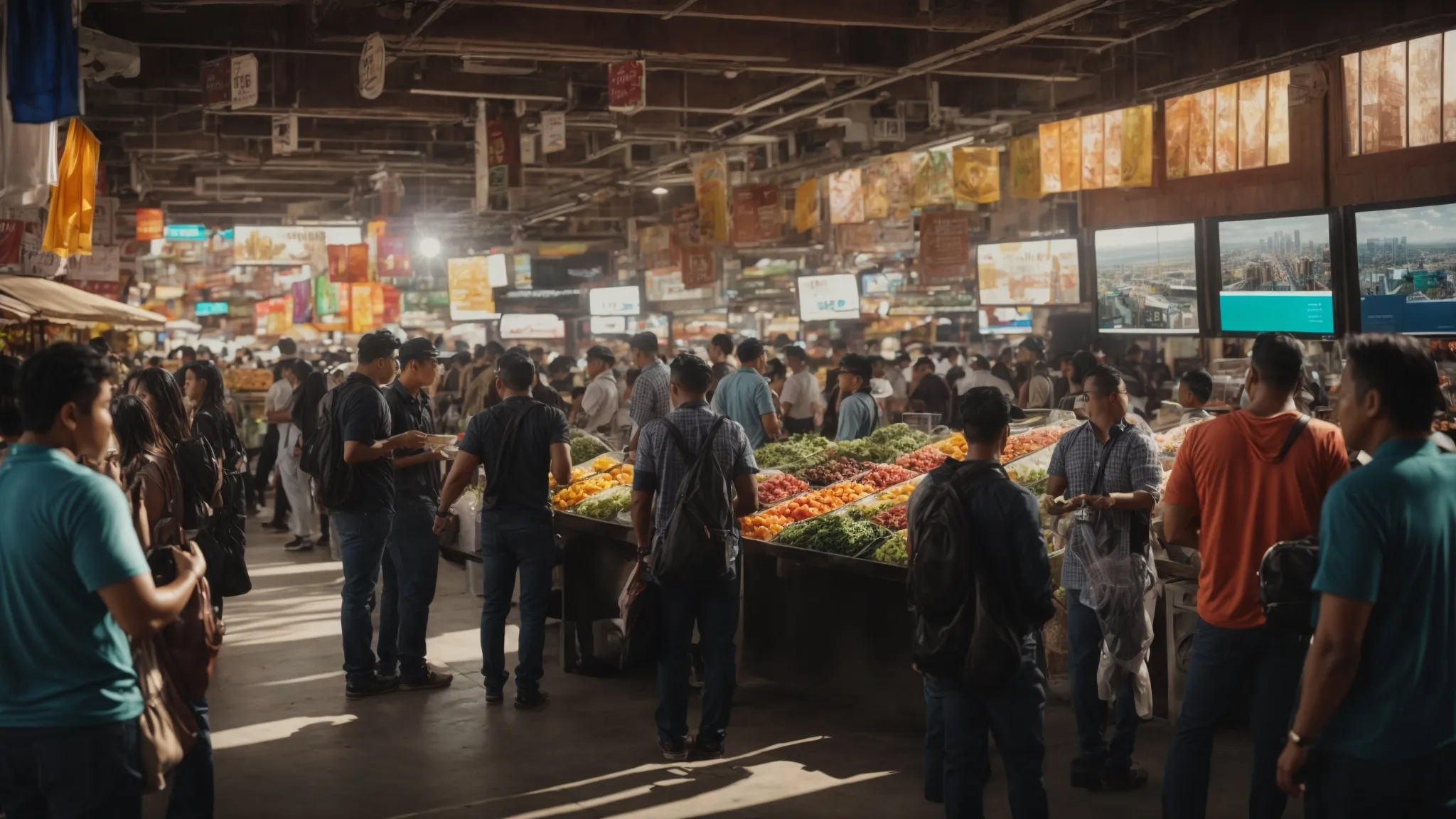 a bustling san diego market scene with entrepreneurs gathered around a large digital screen showing colorful graphs and maps.