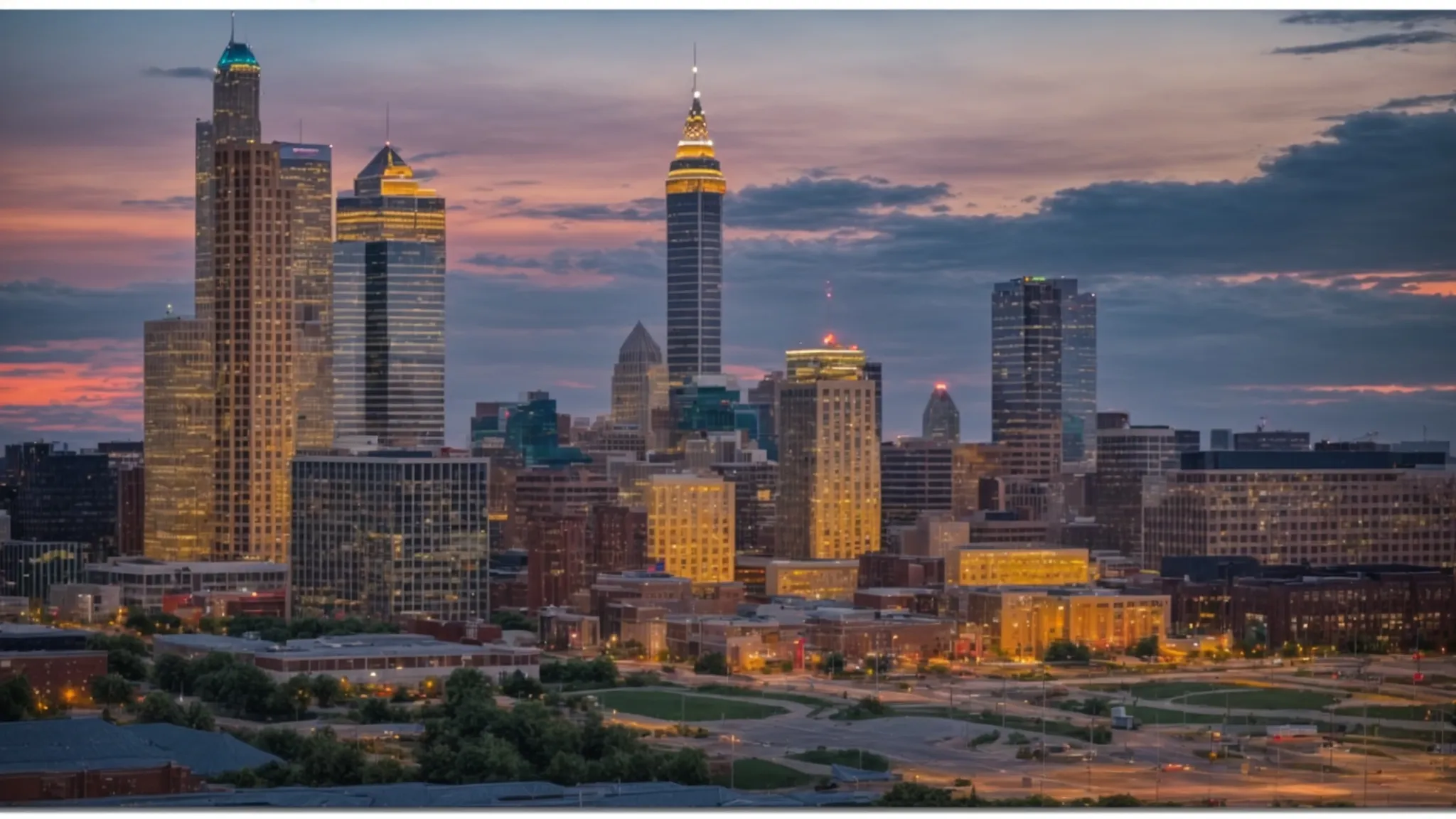 a panoramic view of the indianapolis skyline at dusk, highlighting the city's vibrant atmosphere and architectural diversity.