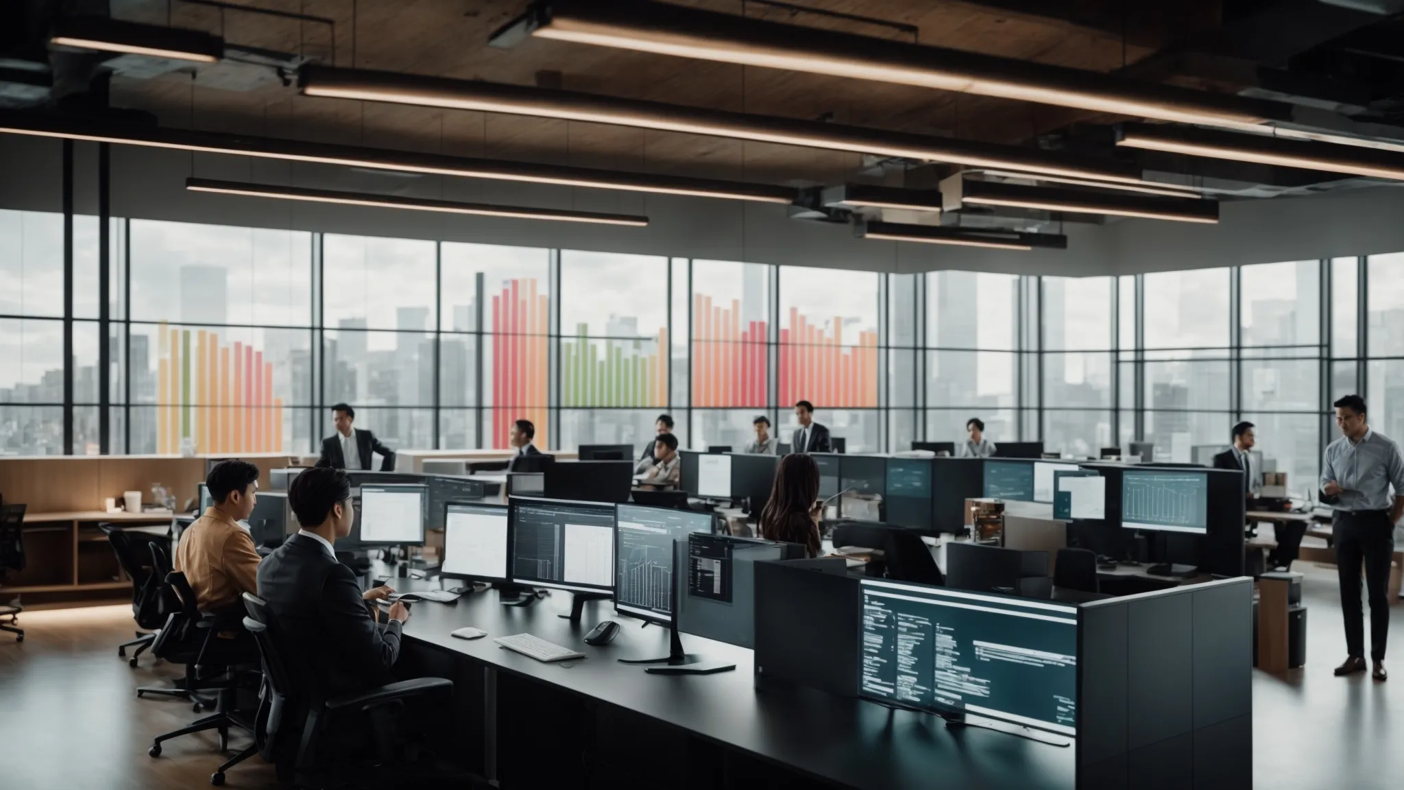 a sleek, modern office space with a large screen displaying colorful graphs and charts while a professional team attentively reviews the data.