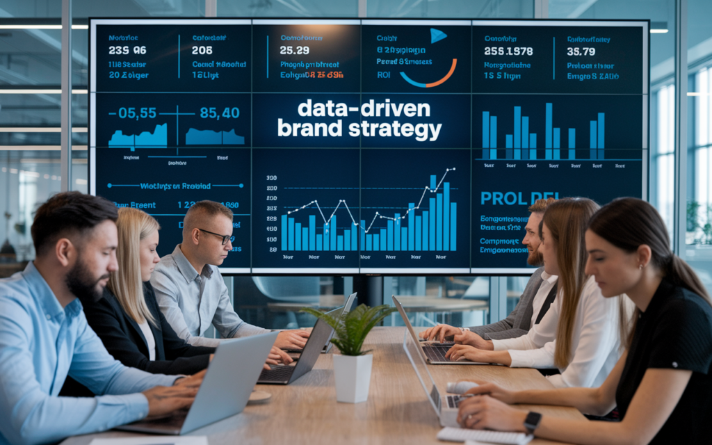 Team working on data-driven brand strategy presentation.