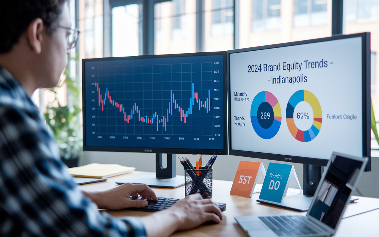 Analyst reviewing 2024 brand equity trends on monitors.