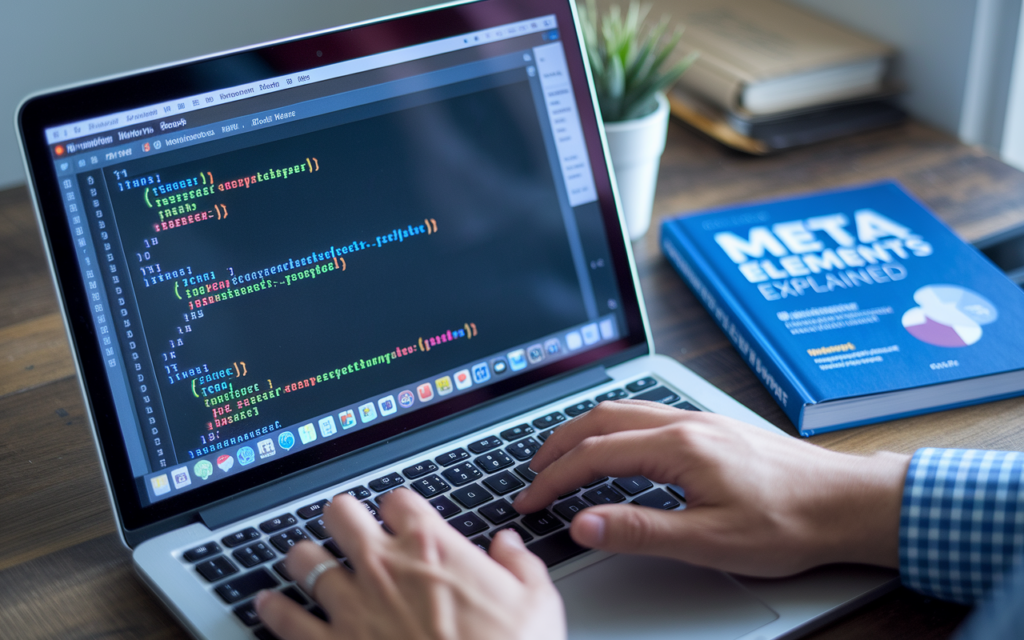 Person coding on laptop with book nearby