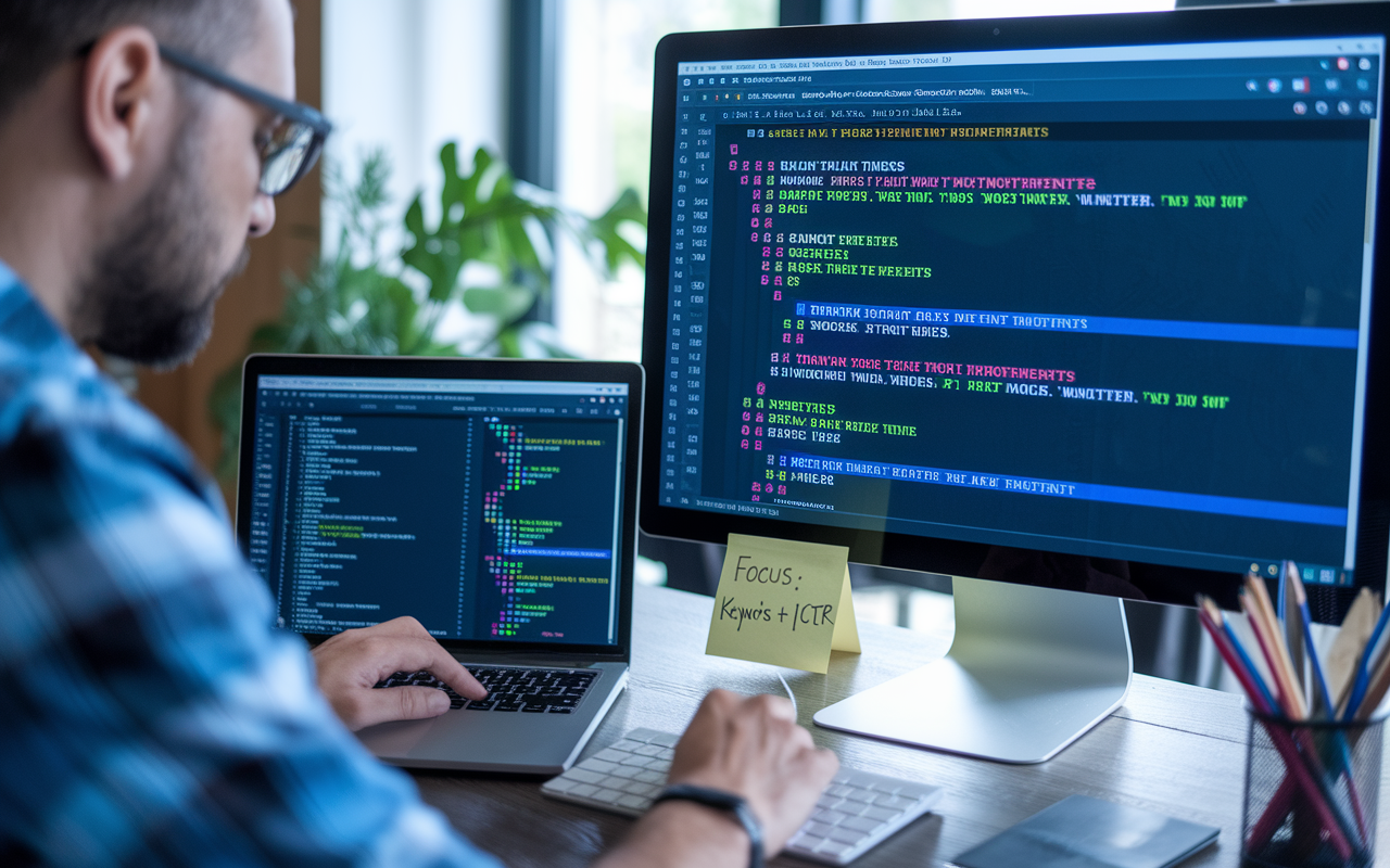 Person coding on laptop and monitor with notes.