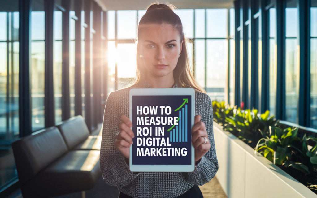 Person holding tablet on digital marketing ROI measurement.