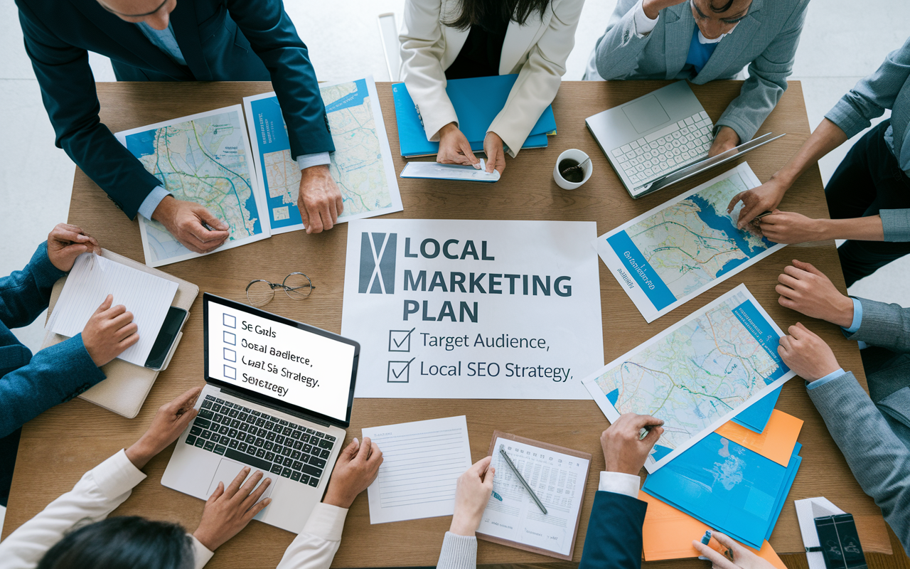 Team planning local marketing strategy with maps.