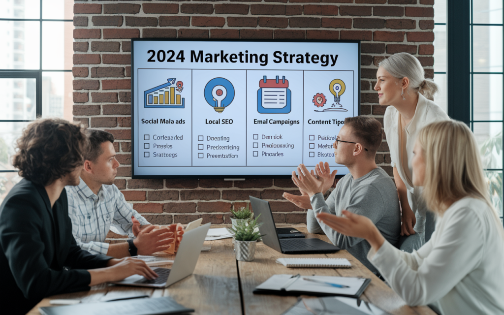 Team discussing 2024 marketing strategy presentation.