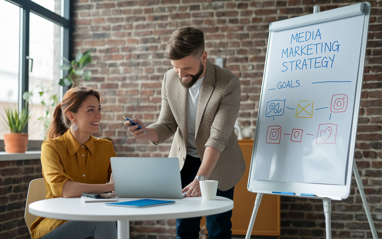 Team planning media marketing strategy on whiteboard.