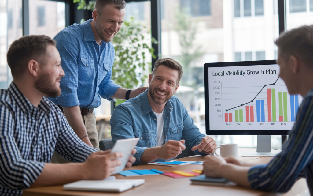 Team discussing growth plan with graph.