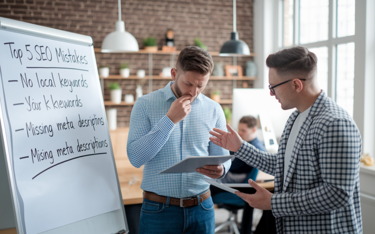 Two men discussing SEO mistakes on whiteboard.