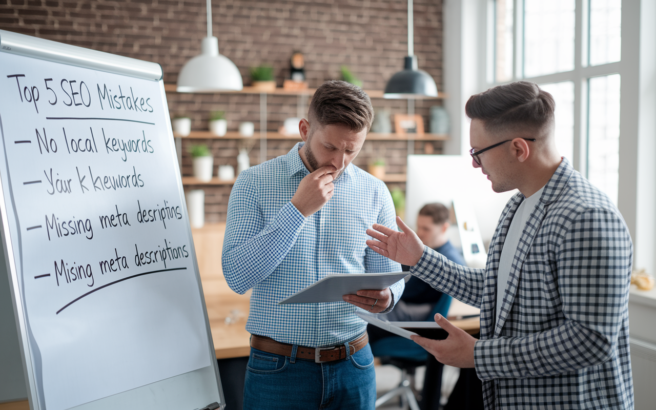 Two men discussing SEO mistakes on whiteboard.