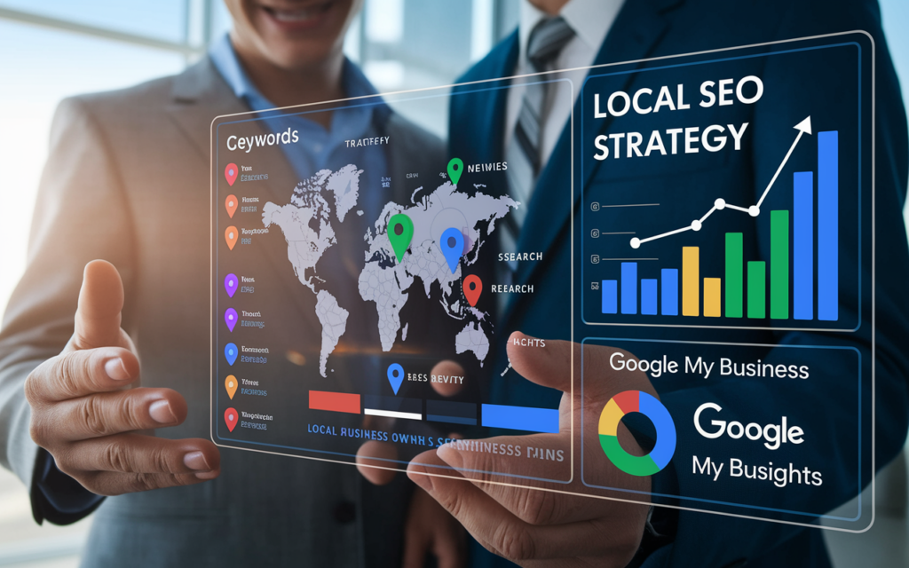 Local SEO strategy with global map and graphs.
