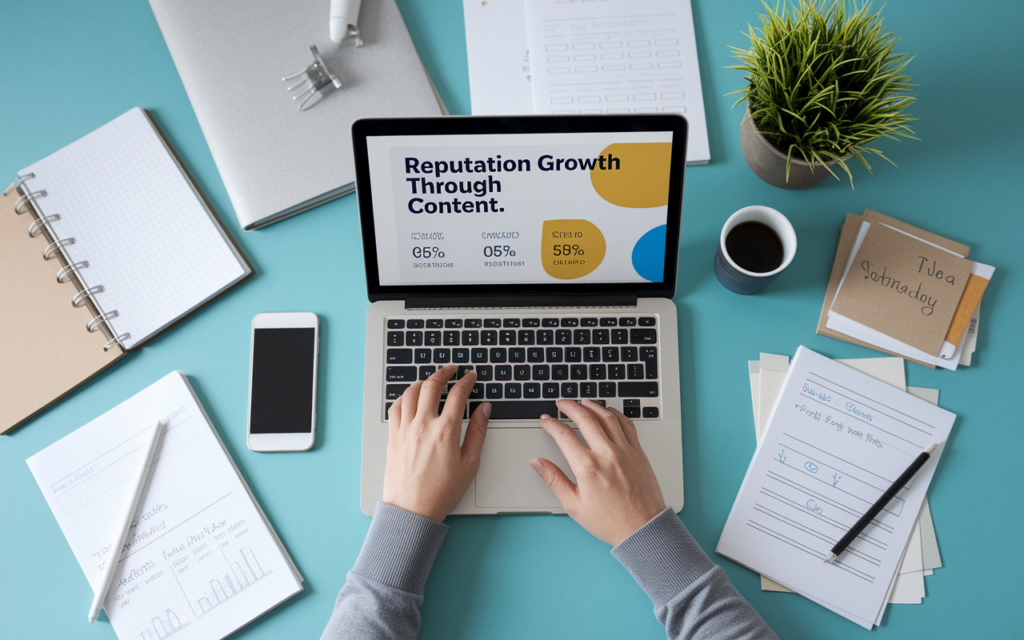 Laptop screen showing reputation growth content strategies.