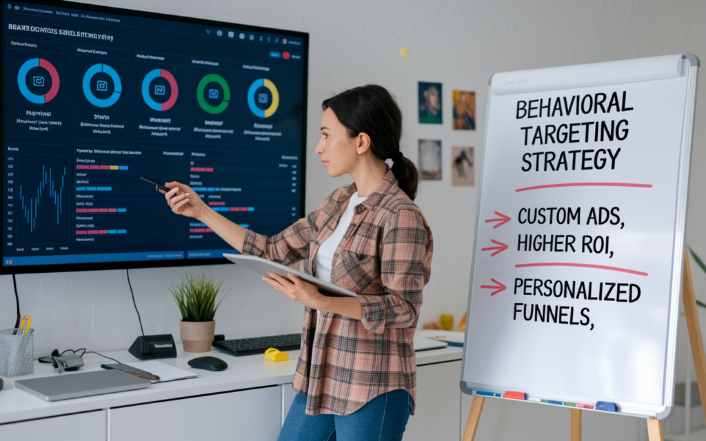 Woman explaining behavioral targeting strategy on whiteboard.