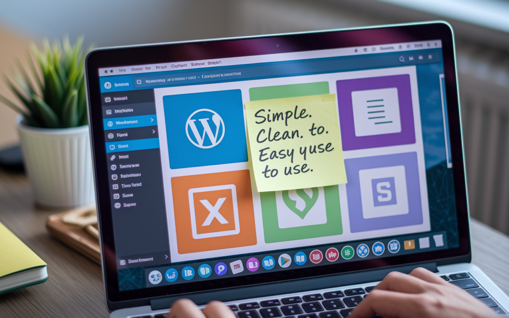 Laptop displaying website design tools and sticky note.