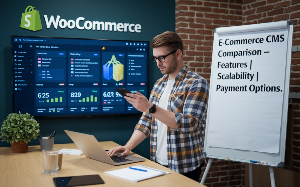 Man comparing CMS e-commerce features on laptop.