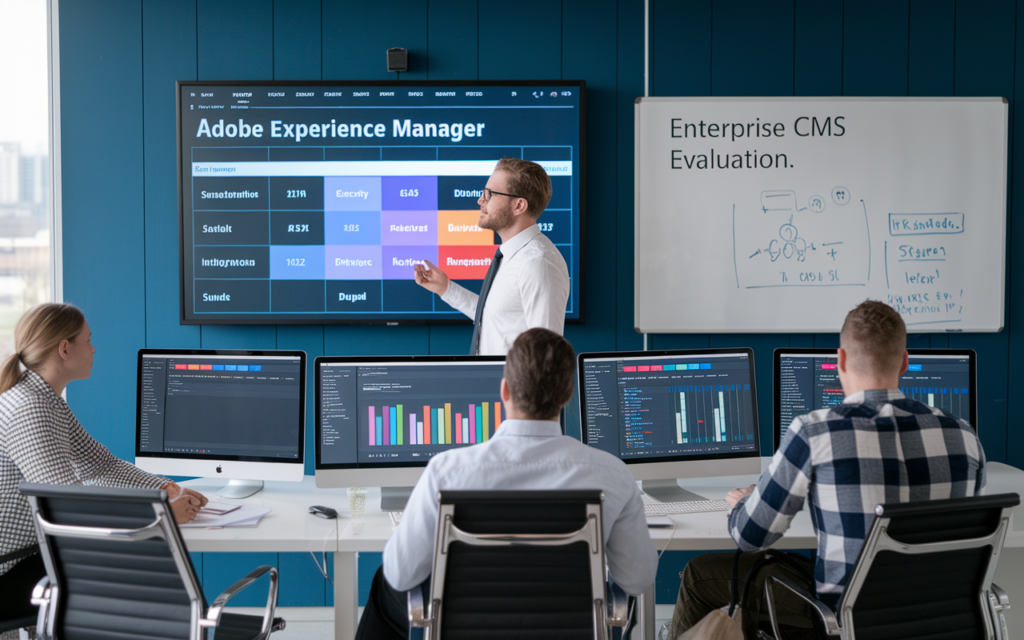 Team discussing Adobe Experience Manager features.