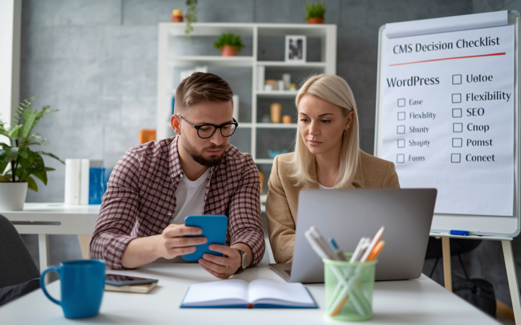 Team reviewing CMS decision checklist on laptop