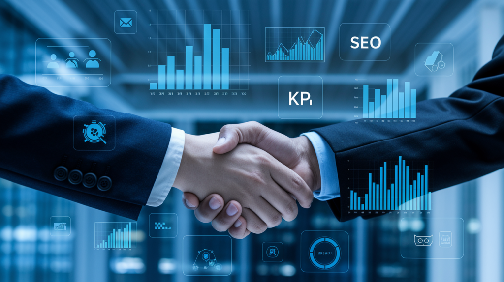 digital interface with floating transparent data elements—charts, graphs, KPI icons—hovering over a handshake between two business professionals.