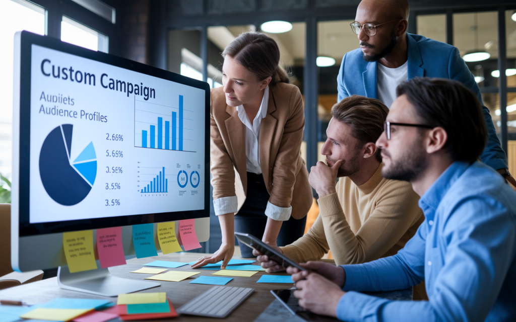professional digital marketing strategist reviewing a custom campaign blueprint on a large monitor with charts, audience profiles, and KPIs.