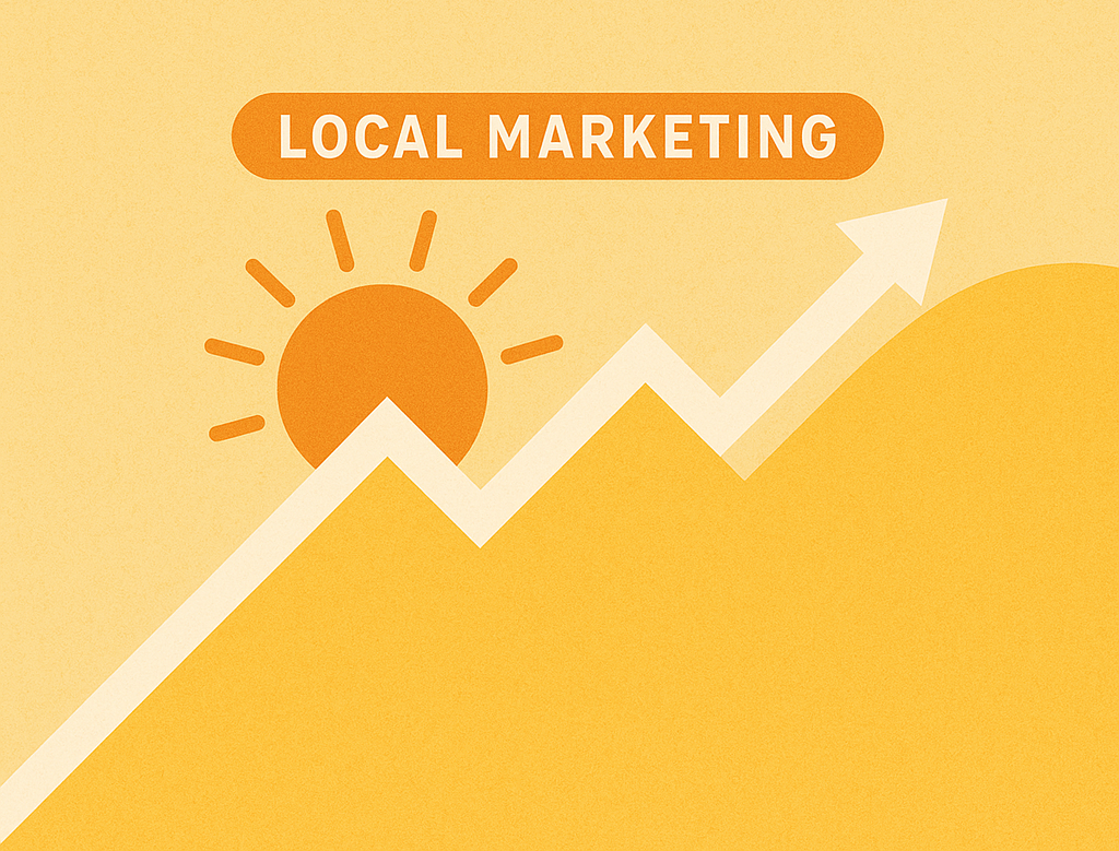 Local marketing success graph with rising arrow.