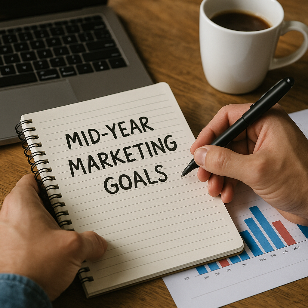 Writing mid-year marketing goals in notebook.