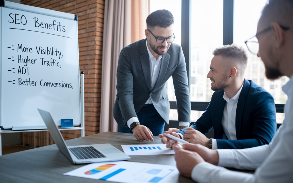 Team discussing SEO benefits with data charts.