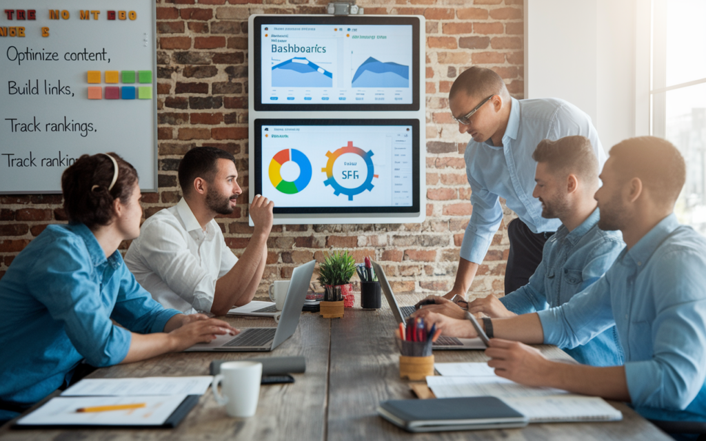 Team analyzing business data on screens.