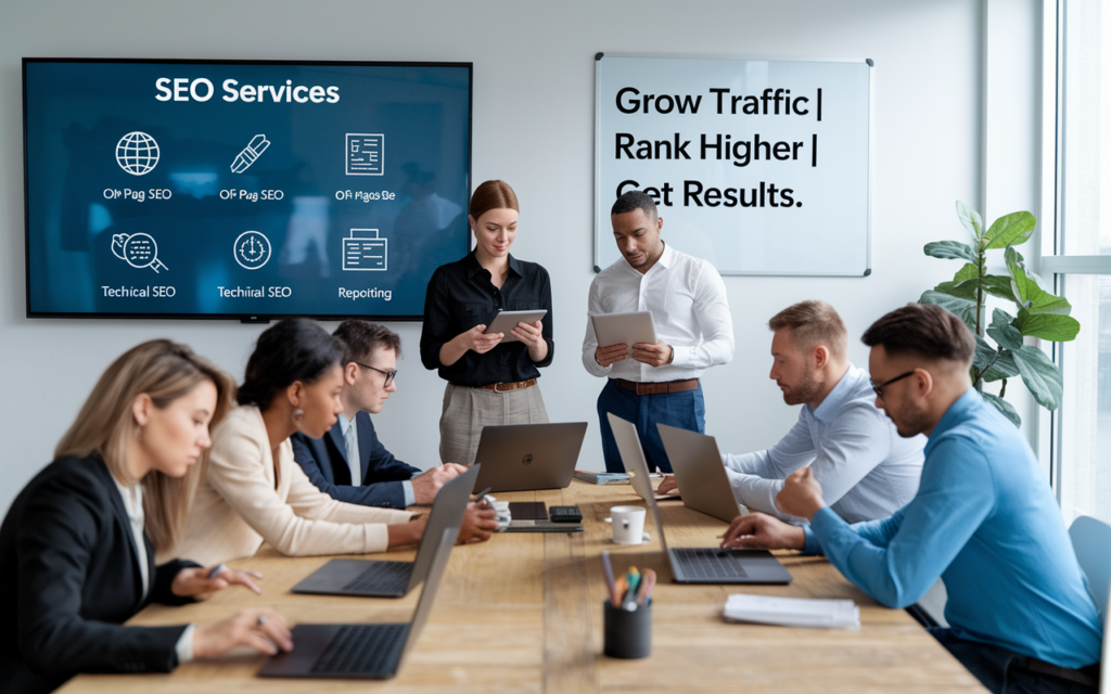 Team meeting discussing SEO strategies in office.