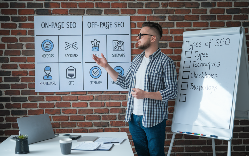 Man presenting SEO strategy on flip chart.