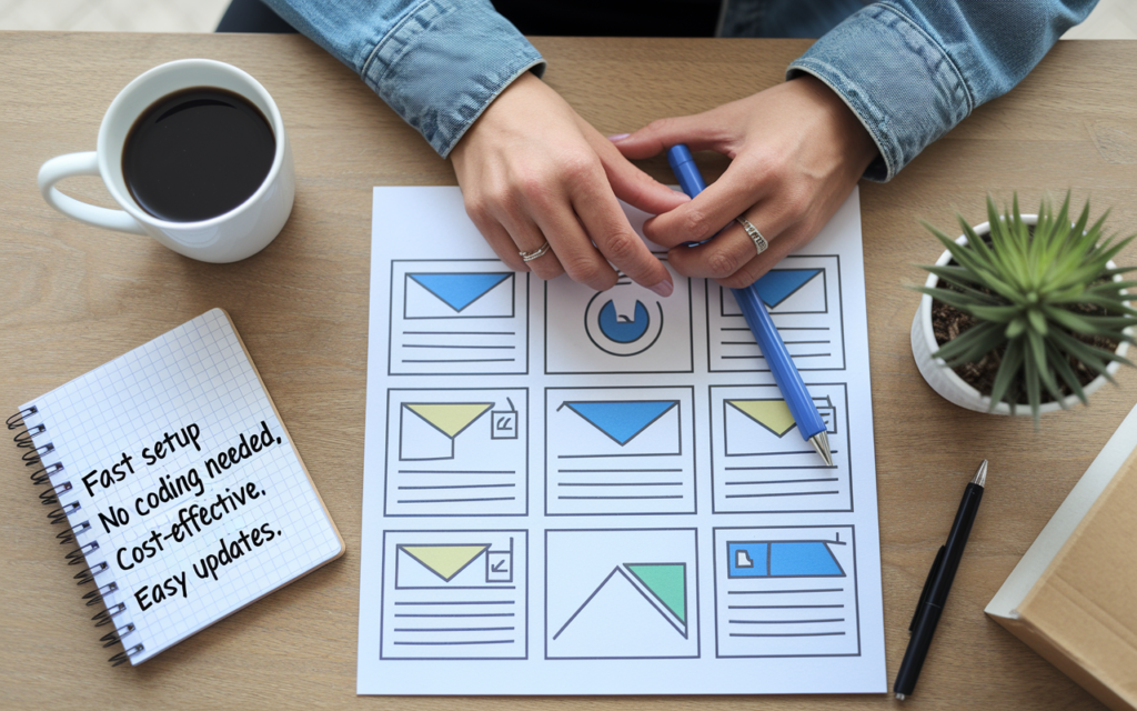 Person planning design templates with notes and coffee.