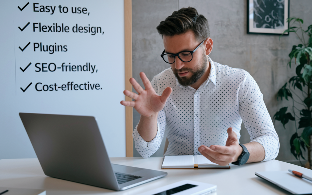 Man discussing software features at laptop