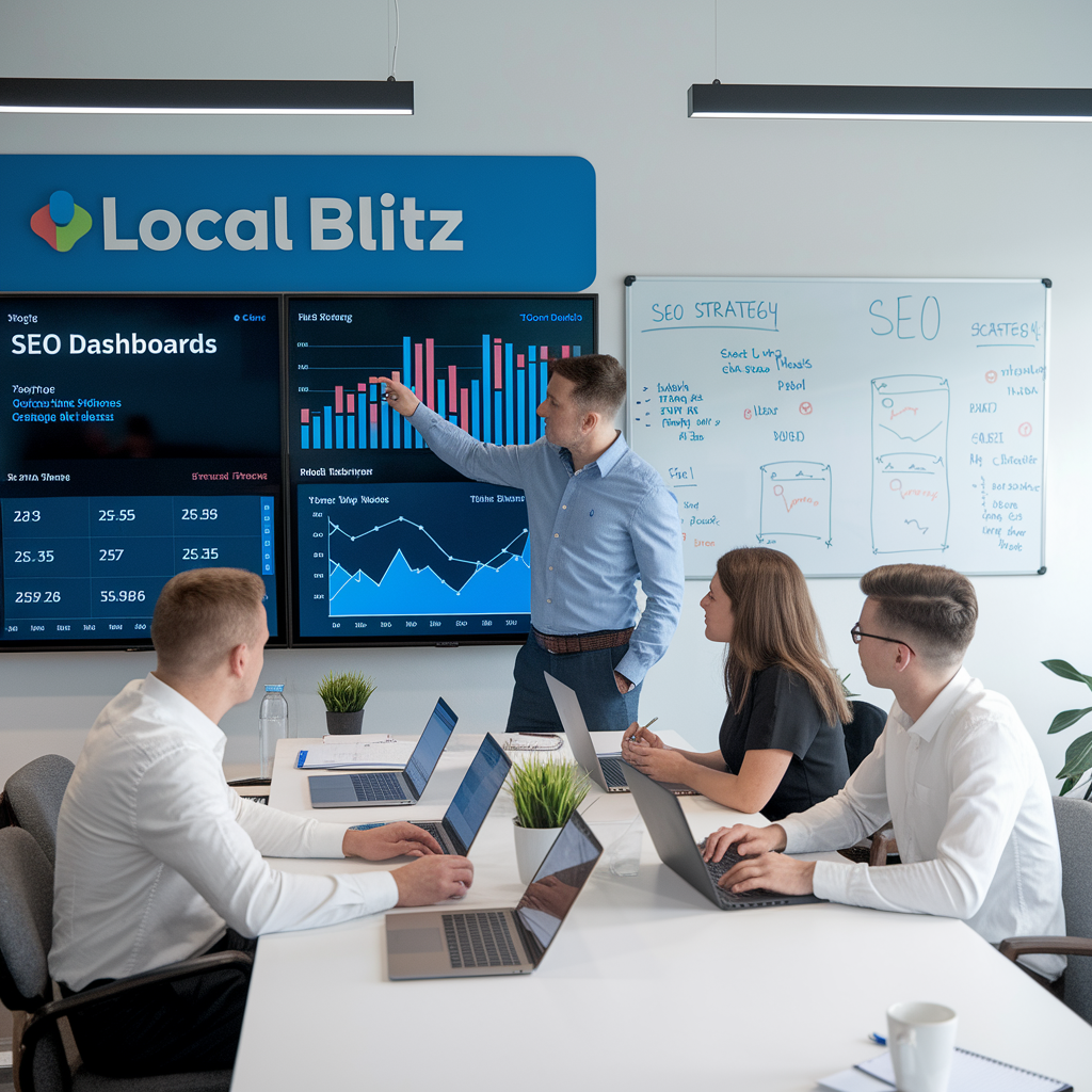 Team analyzing SEO dashboards and strategies in meeting.