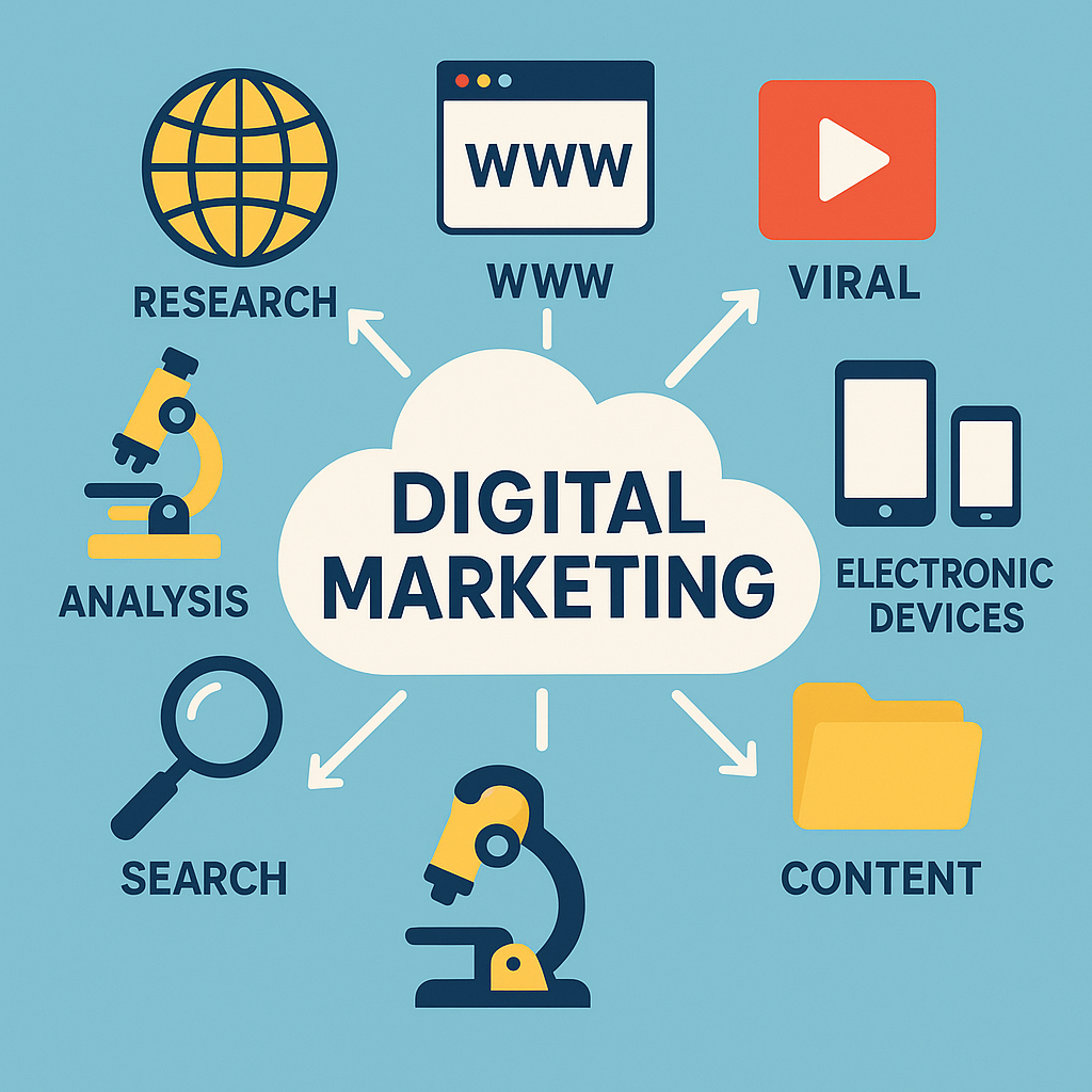 Digital marketing tools and strategies illustration.