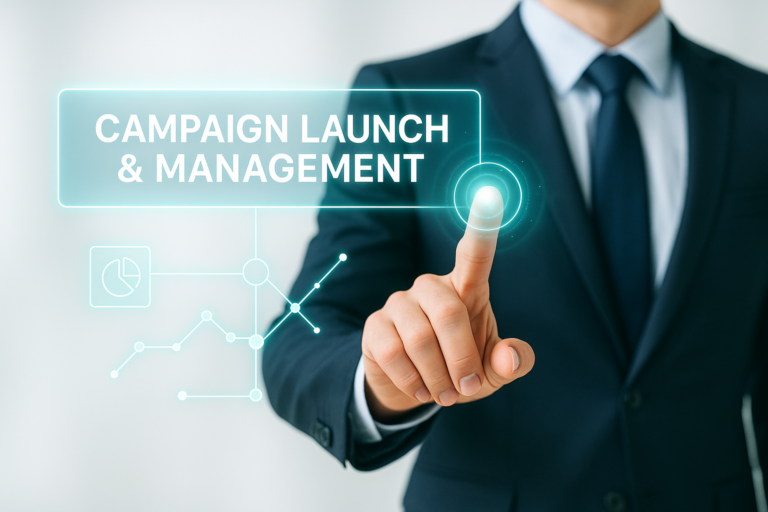 Businessman pressing campaign launch button