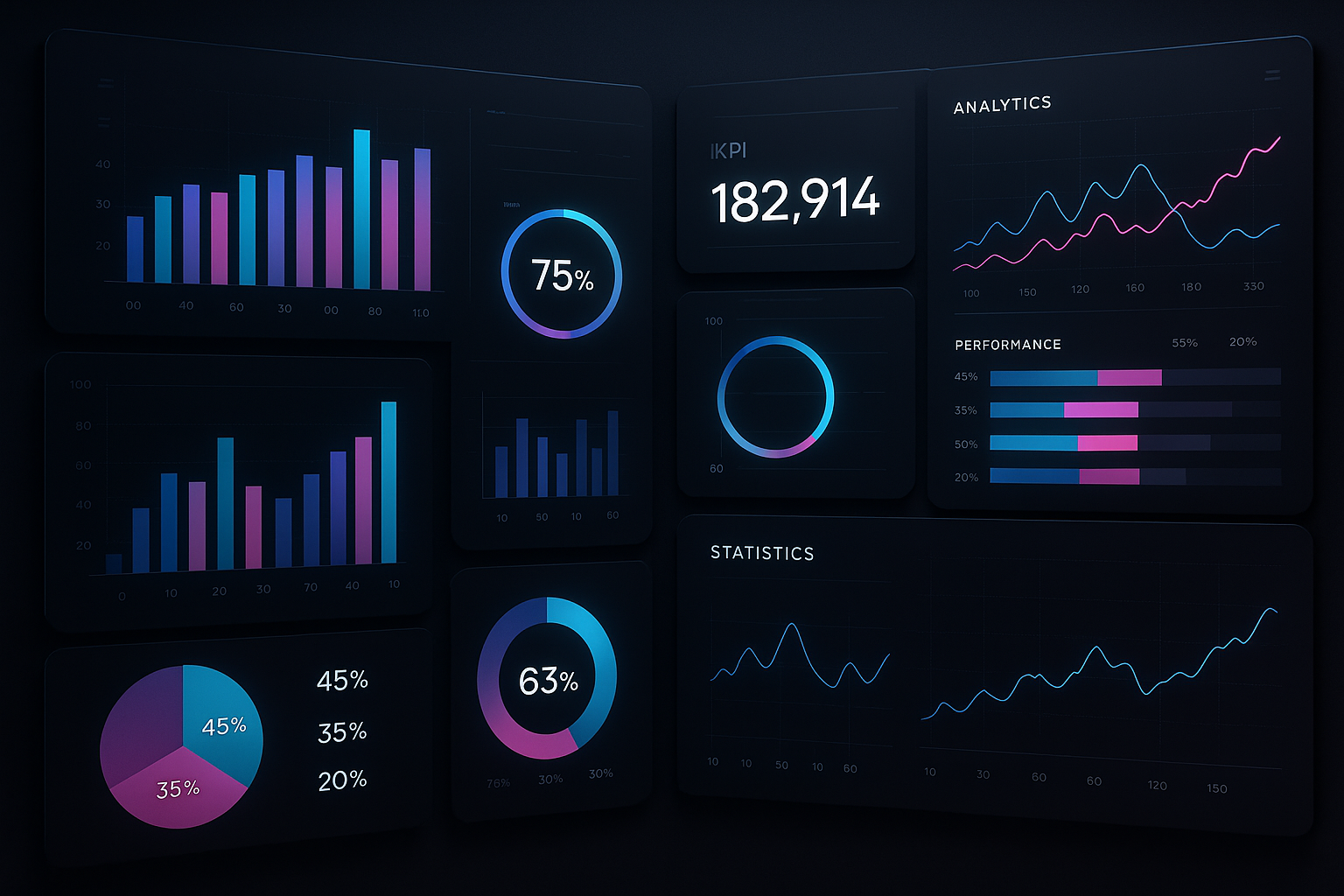 Dashboard with various analytics and performance graphs.