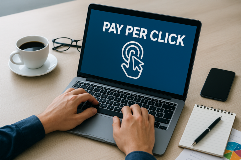 Person on laptop with pay-per-click ad.