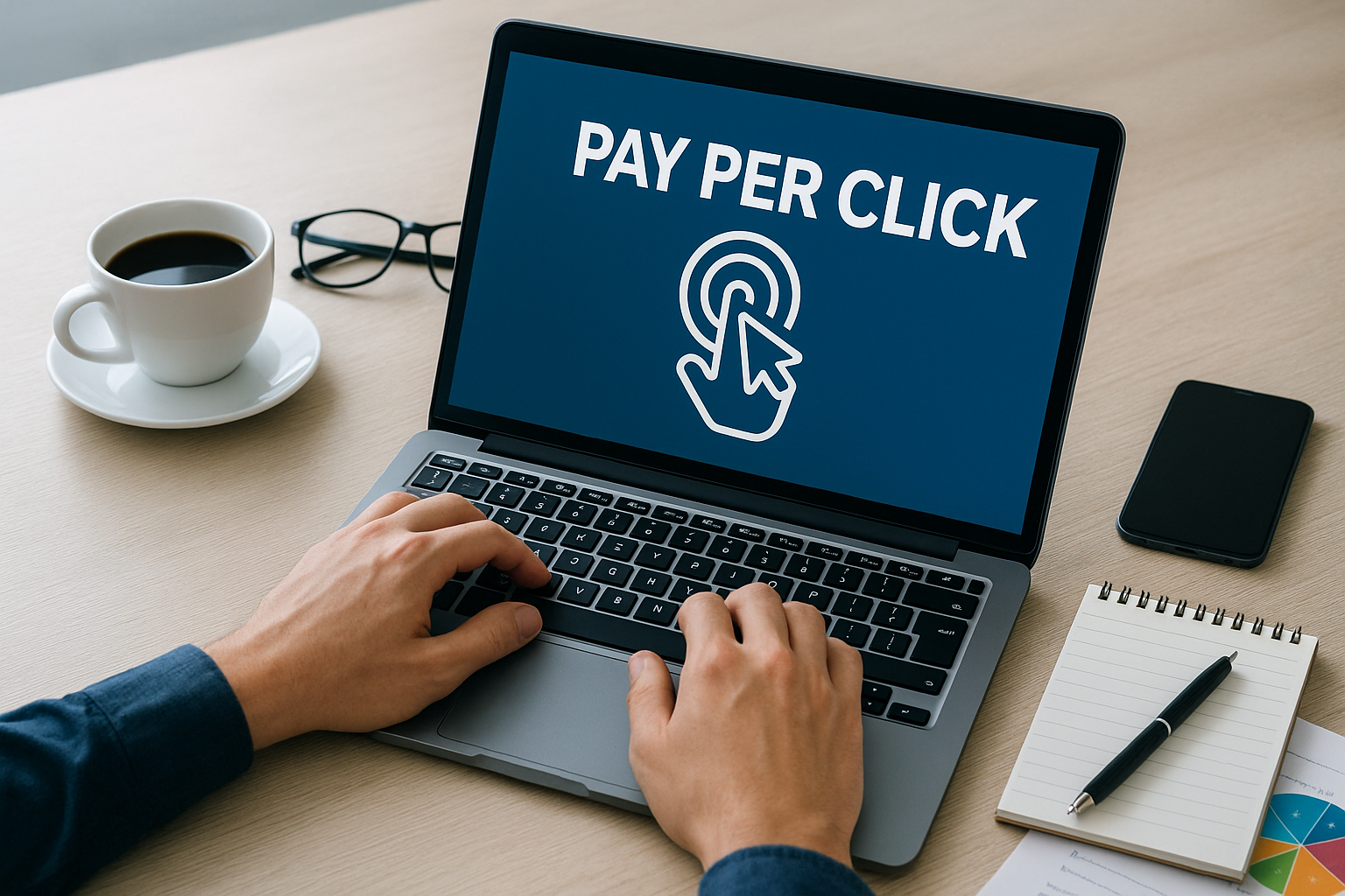 Person on laptop with pay-per-click ad.