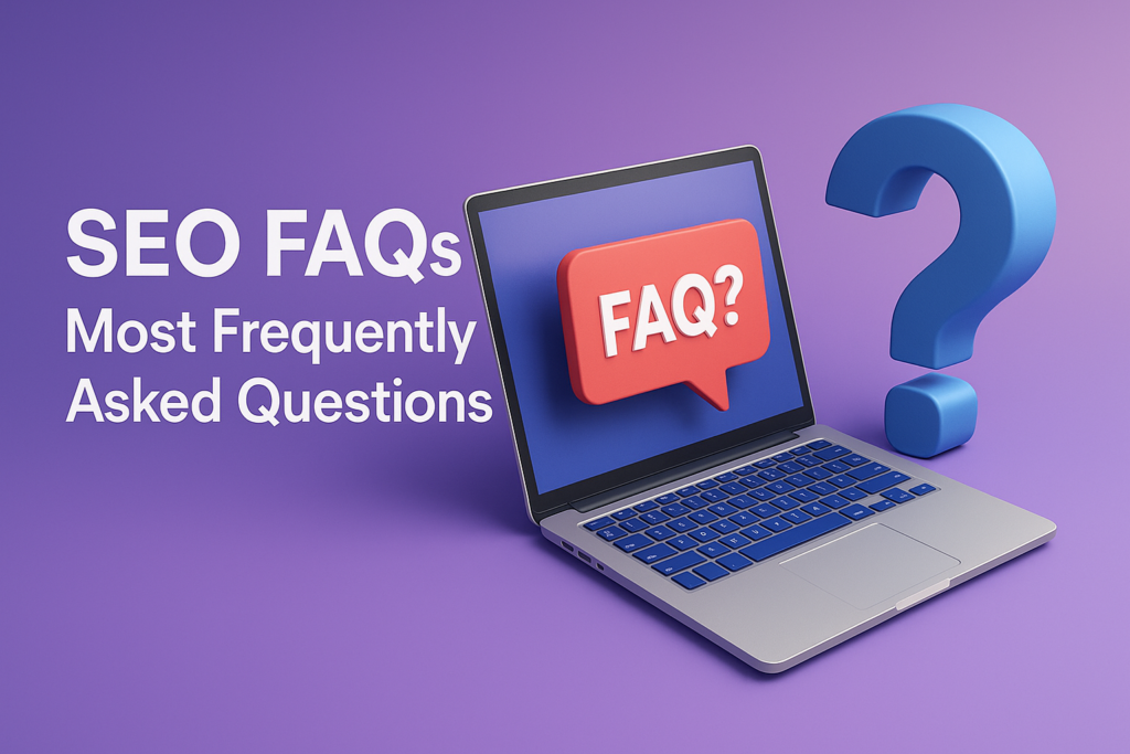 SEO FAQs with laptop and question mark