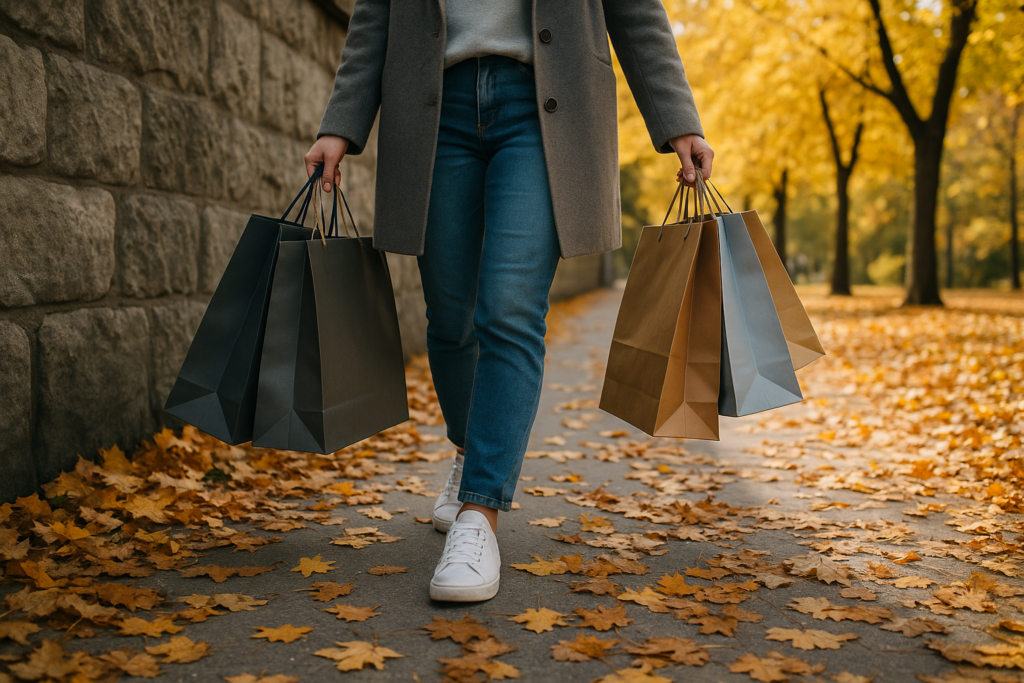 Person walks with shopping bags on autumn sidewalk.