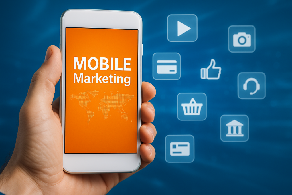 Hand holding smartphone displaying mobile marketing apps