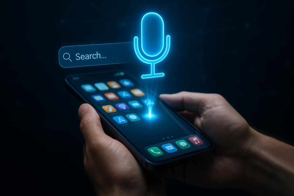 Smartphone with voice search microphone icon glowing.