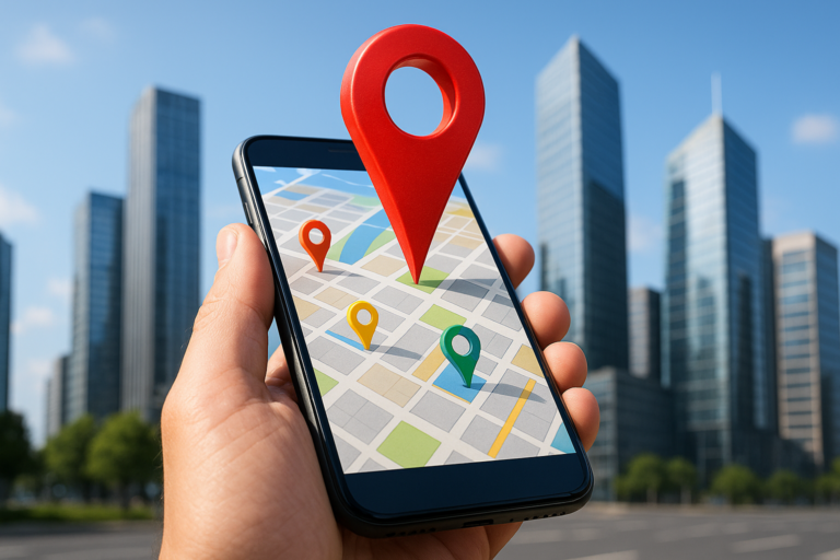 Smartphone navigation with map and location pins.