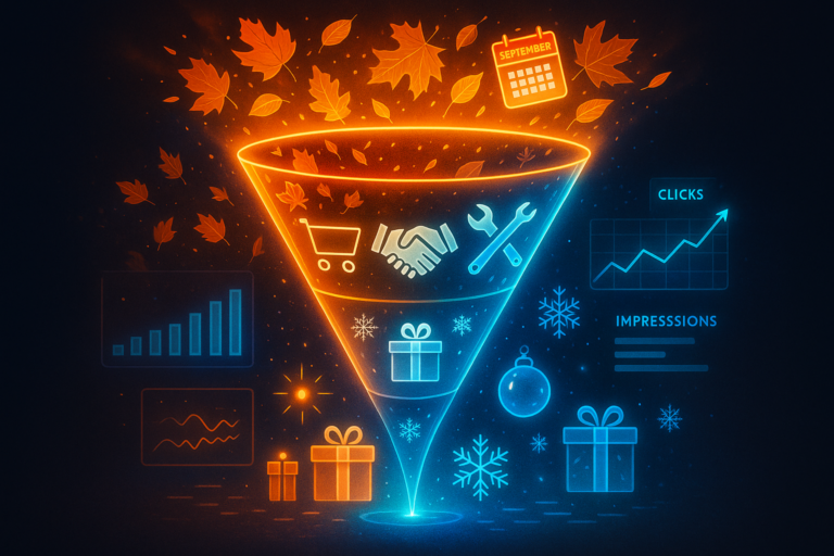 Marketing funnel with seasonal elements and metrics.