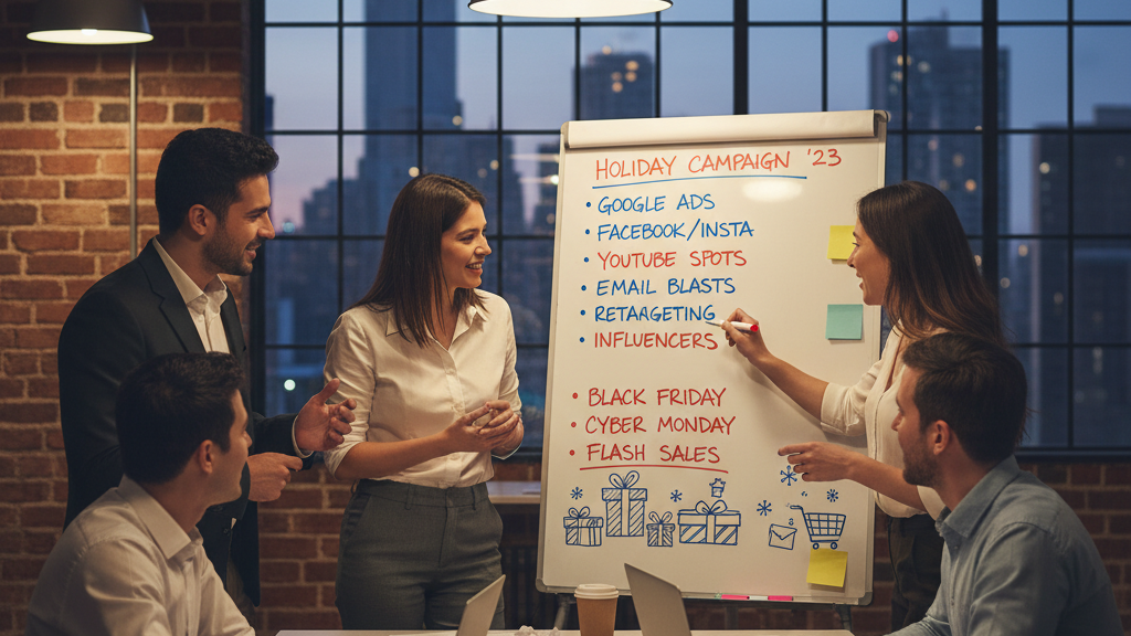 Team planning holiday marketing strategies on whiteboard.
