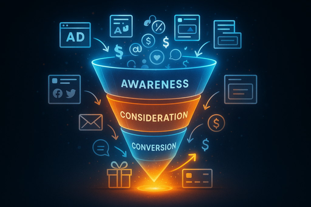 Marketing funnel stages: awareness, consideration, conversion.