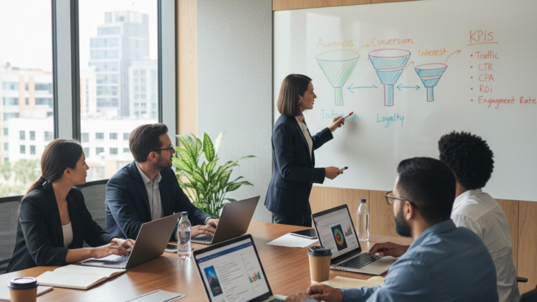 Digital marketing team planning custom campaign strategy using data and KPIs.